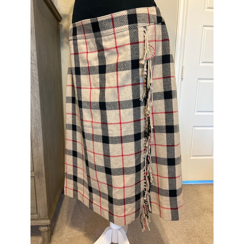 Talbots |  Wool Blend Tan Plaid Faux Wrap Midi Skirt with Fringe | 14 - Picture 4 of 10